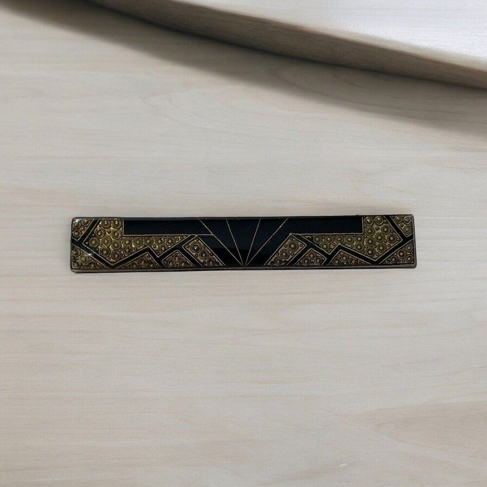VTG Art Deco Geometric Black Gold Tone Enamel Bar Pin Brooch